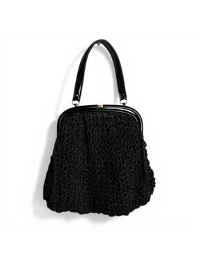 Vintage Black Crochet Handbag with Patent Accents
